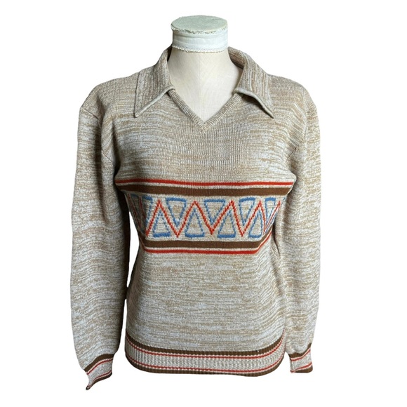Vintage 70s Knit Space Dye Geometric Collared V-Neck Long Sleeve Brown Sweater - Picture 6 of 10